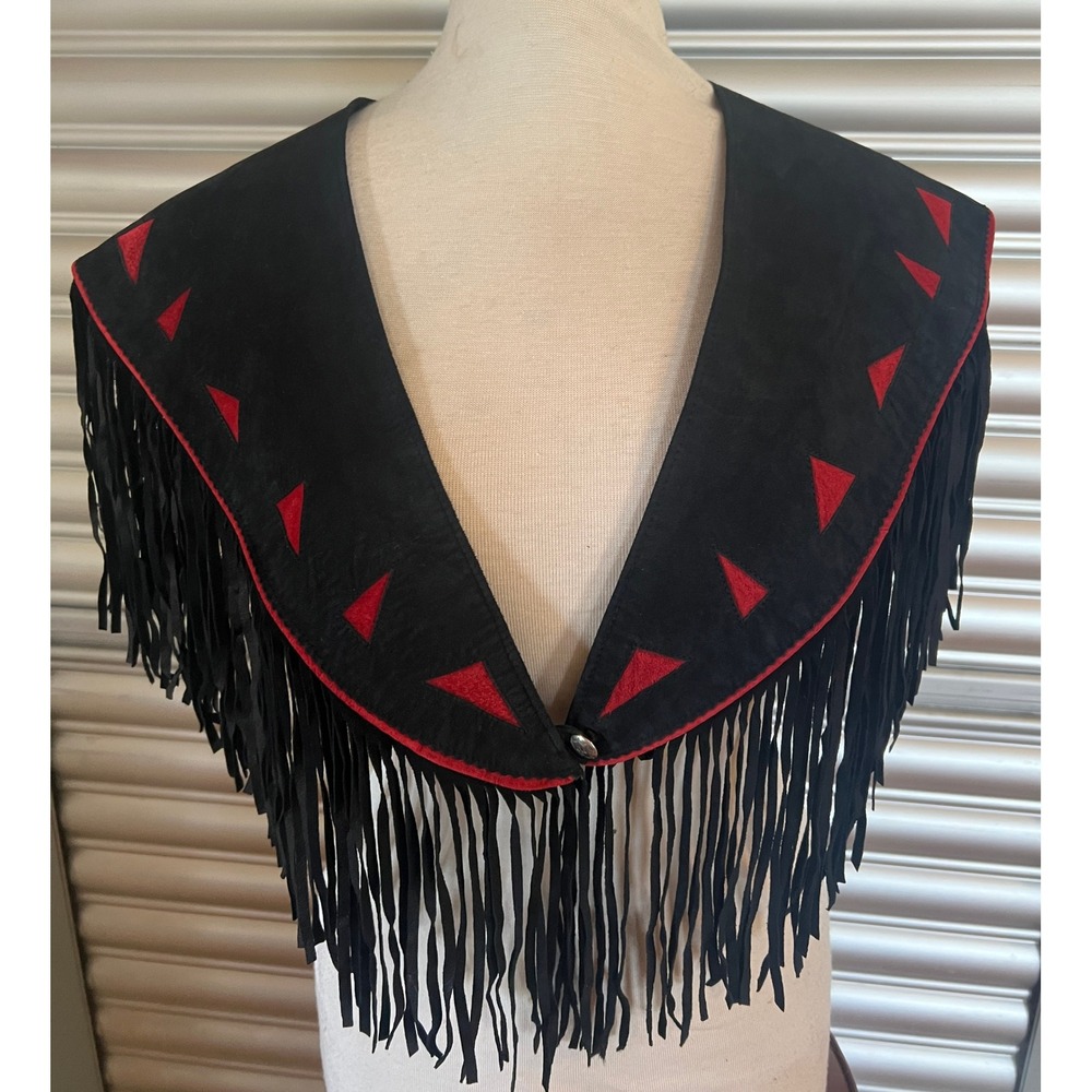 Patricia Wolf Black Suede Fringe Collar Shawl Red Applique Western Concho Texas